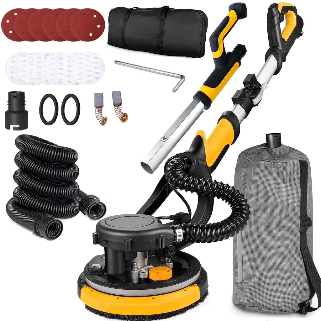 2026 NewPOVANLI 780W Electric Drywall Sander with Vacuum Dust Collection, 6.5A Motor Dustless Floor Sander with Variable Speed 900-1800RPM, LED Light, Extendable & Foldable Handle Yellow+Black