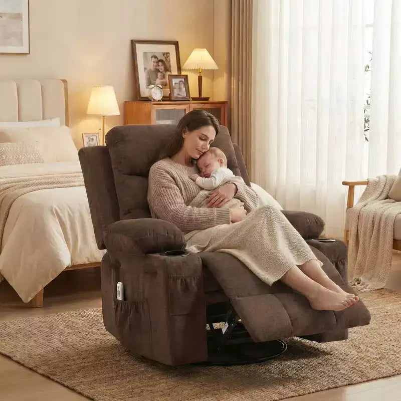 2026 Sillón reclinable mecedora giratorio 360° extragrande con masaje y calor, portavasos y bolsillos