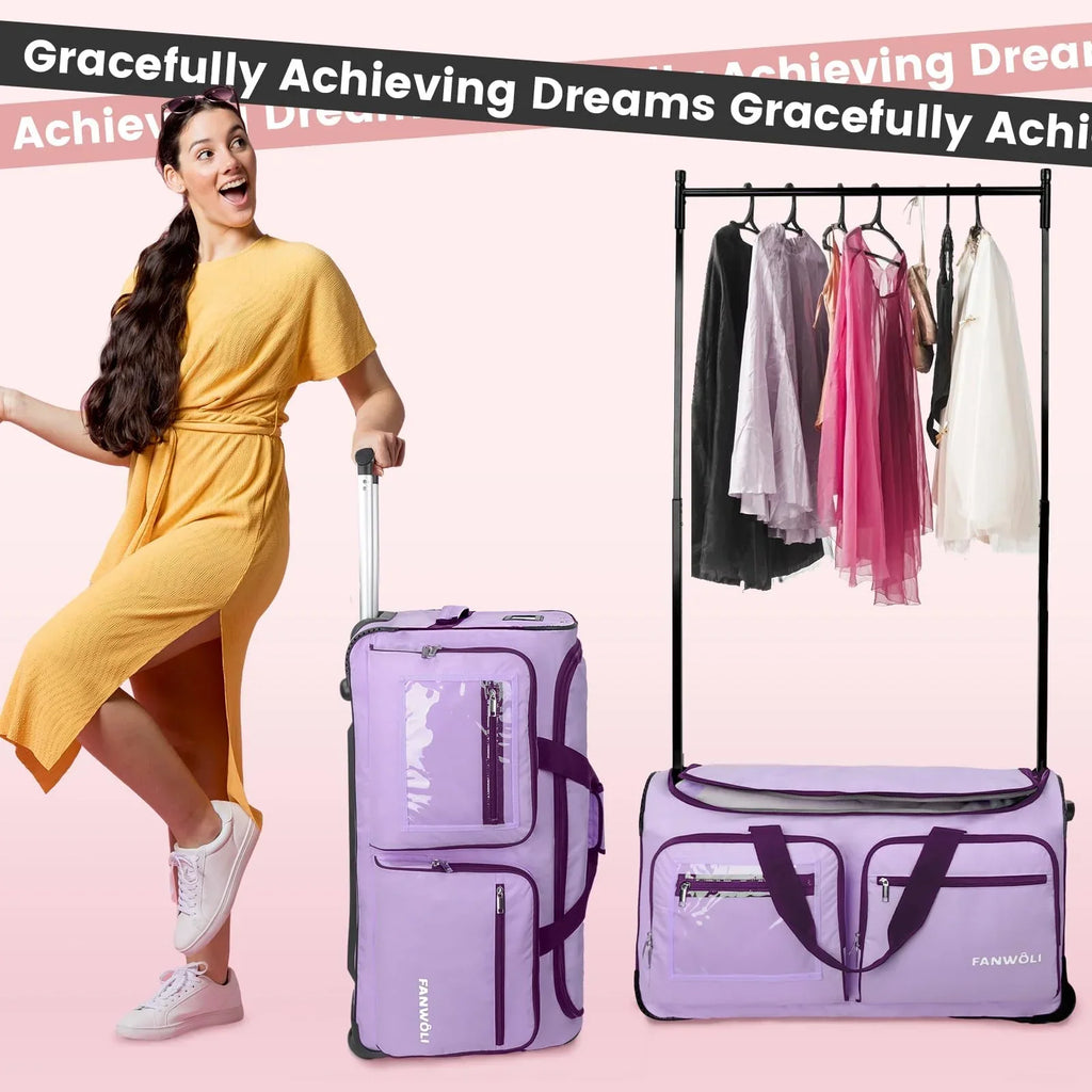 2026 NewFegat Dance Bag with Garment Rack - 28"Collapsible Rolling Competition Dance Duffle Bag Lightweight Costume Wheeled Suitcase for Dancers Shows Livestreamer Athletes