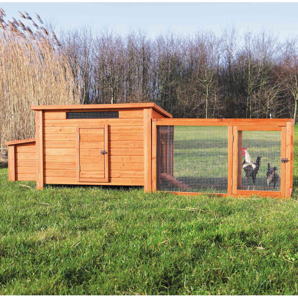 2026 NewTRIXIE Weatherproof Outdoor Wooden Chicken Coop with 2 Nesting Boxes & Run, Brown