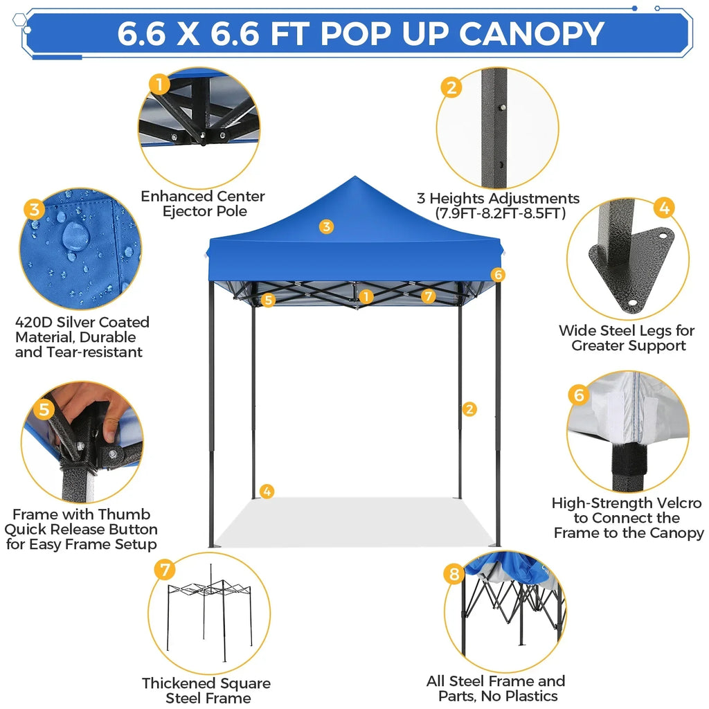 2026 NewSANOPY 6.6 x 6.6 FT Pop Up Canopy Tent, Heavy Duty Canopy Easy Set up All Weather Waterproof Outdoor Canopy Tent for Parties, Beach, Garden, Camping with 1 Handbag, 3 Adjustable Heights, UPF50+