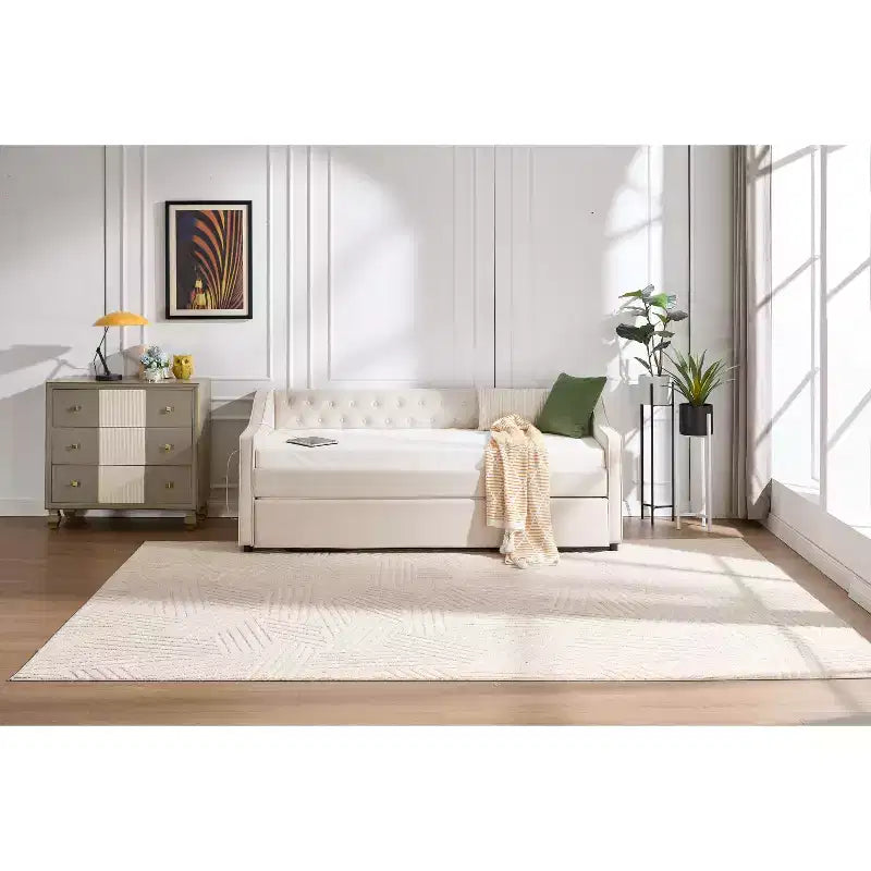 2026 Cama sofá Twin con cama nido, tapizada en terciopelo, puerto USB y bolsillos laterales - ModernLuxe