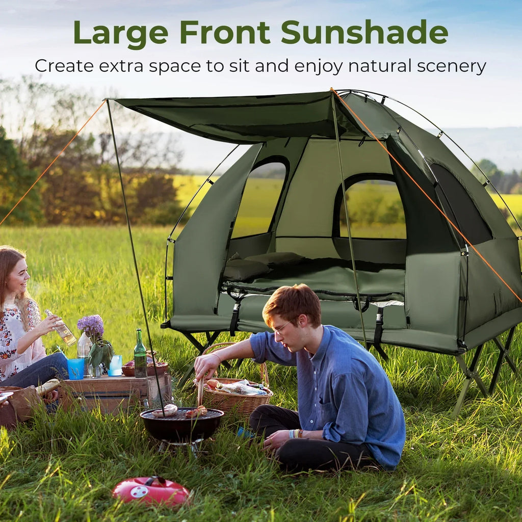 2026 NewPatiojoy Folding 2-Person Camping Tent Cot Portable Pop-Up Tent with Sleeping Bag&Air Mattress for Outdoor Activity