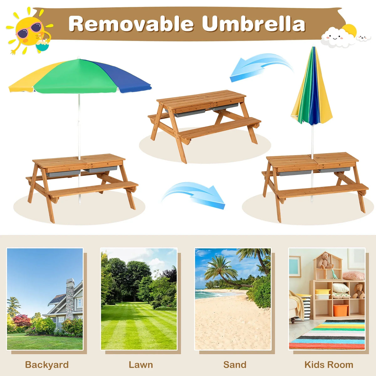 2026 NewCostway 3-in-1 Kids Picnic Table Wooden Outdoor Sand & Water Table with Umbrella Play Boxes Green