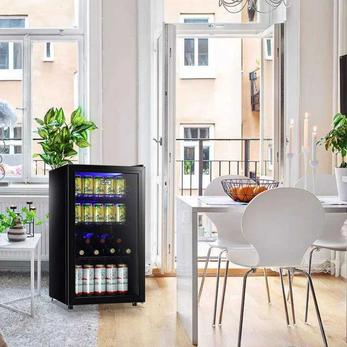 2026 NewWANAI Compact Beverage Refrigerator, 100 Can Capacity, Glass Door, Black Stainless Steel