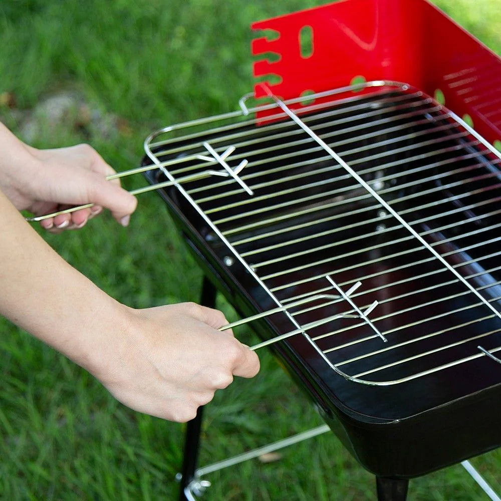 2026 Barbacoa Portátil Carbón Con Cortavientos Y Parrilla Regulable En Altura 42x42x54 Cm - Acero. Negro Y Rojo