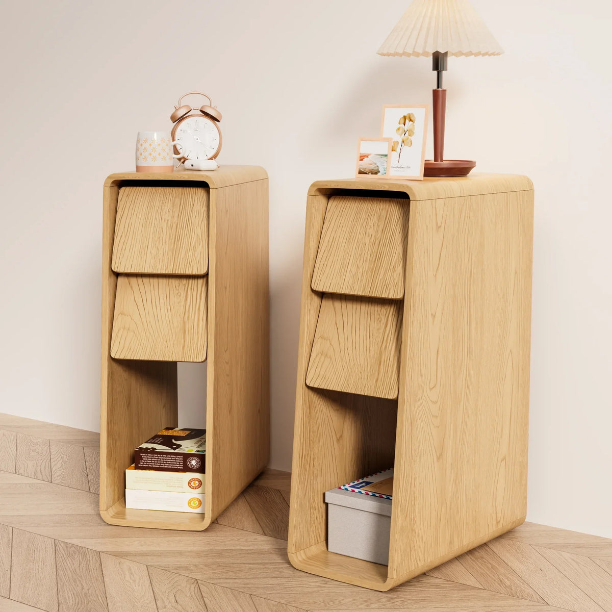 2026 NewNarrow Nightstand Set of 2 with Drawers, Fluted Slim Side End Table with Storage for Small Spaces