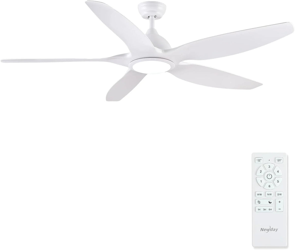 2026 Newday Ventilador de techo de 153 cm, blanco, con luz y mando a distancia, regulador LED, motor DC reversible, 5 aspas silenciosas
