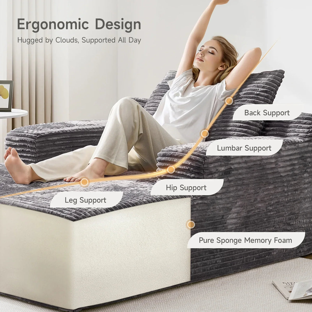 2026 New65" Corduroy Cloud Sleeper Chaise Lounge Chair, No Assembly Sofa Bed with Pillows, Beige