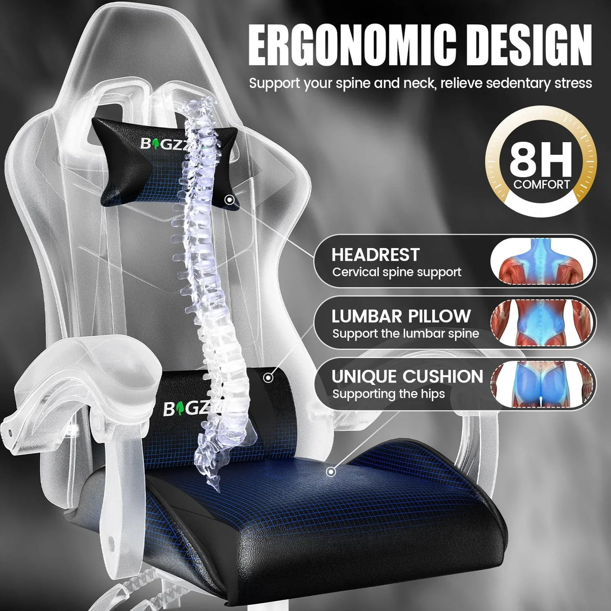 2026 NewBigzzia Gaming Chair Office Chair, Ergonomic Game Chair with Height Adjustable Headrest and Lumbar Support for Adults Teens, Black & White