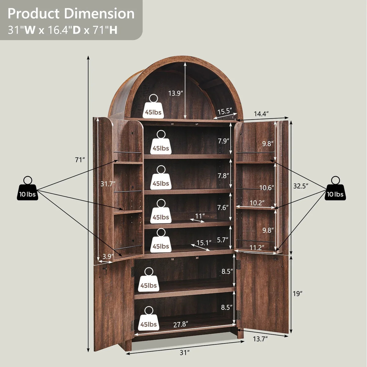 2026 NewIFGET 71" Tall Arched Kitchen Pantry Storage Cabinet, Large Storage Cabinet with Adjustable Shelves, Pantry Cabinet for Kitchen, Dining Room