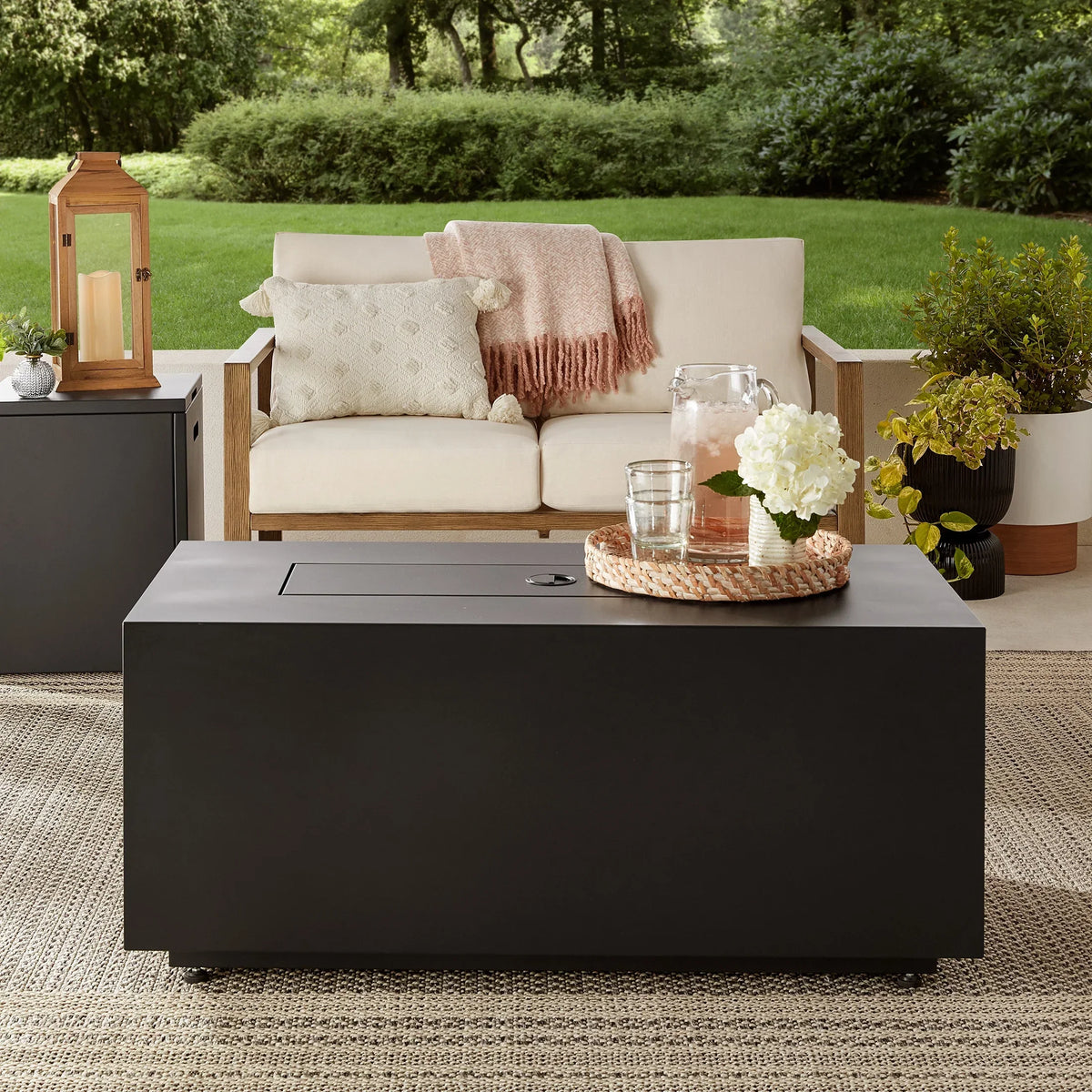 2026 NewMainstays 42" Rectangle Black Finish Modern Steel Fire Pit: 42" x 20" 50000 BTU Propane Fire Pit Table with Lid, Tank Hideaway and Cover