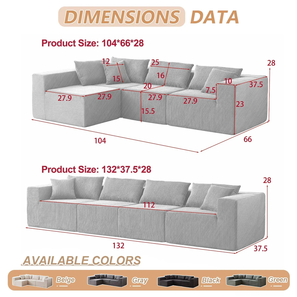 2026 New104-Inch Corduroy Modular L Shaped Sectional Sofa,Luxury Floor Couch Set,Upholstered Indoor Furniture,Foam-Filled Compressed Sofa for Living Room,Bedroom,4 PC Free Combination
