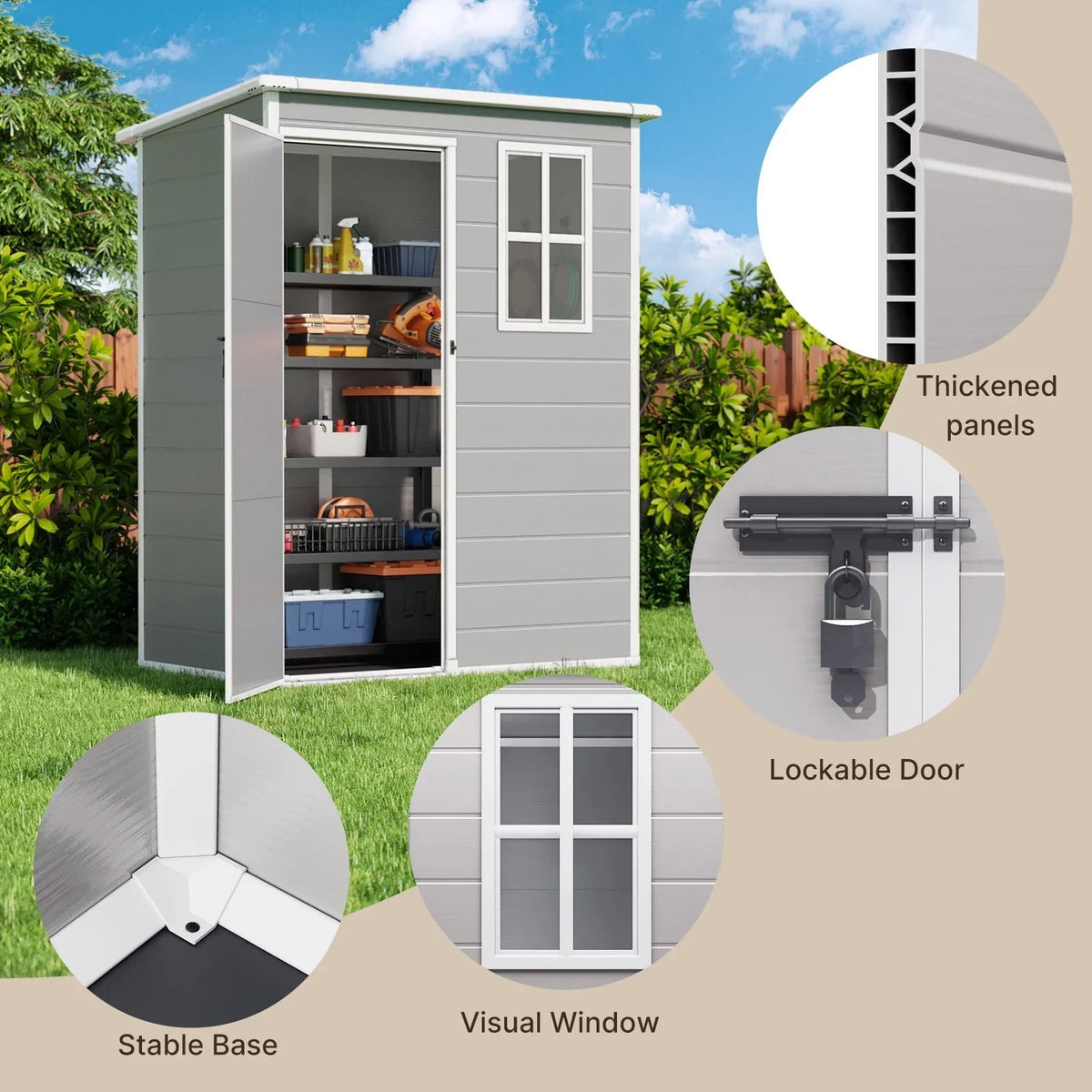 2026 NewLofka Resin Outdoor Storage Shed,5'x3' Storage Shed, Plastic Shed with Thick Resin Floor, Gray and White