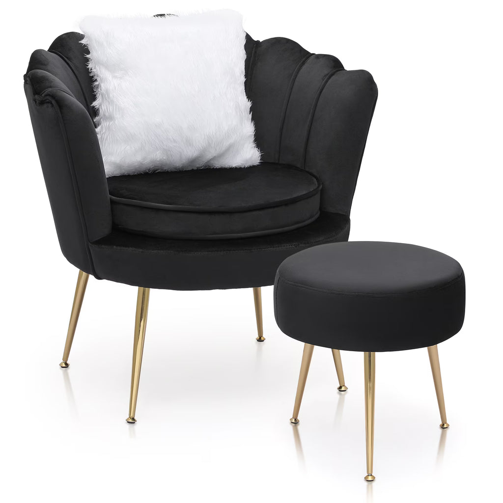 2026 NewMoNiBloom Set of 2 Velvet Tufted Accent Chair with Pillow and Stool, Upholstered Modern Single Sofa Side Chair with Padded Seat and Golden Metal Legs, Living Room Armchair, Black
