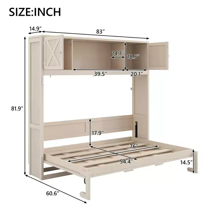 2026 Cama abatible tamaño Full con armarios de almacenamiento y estructura de madera, beige