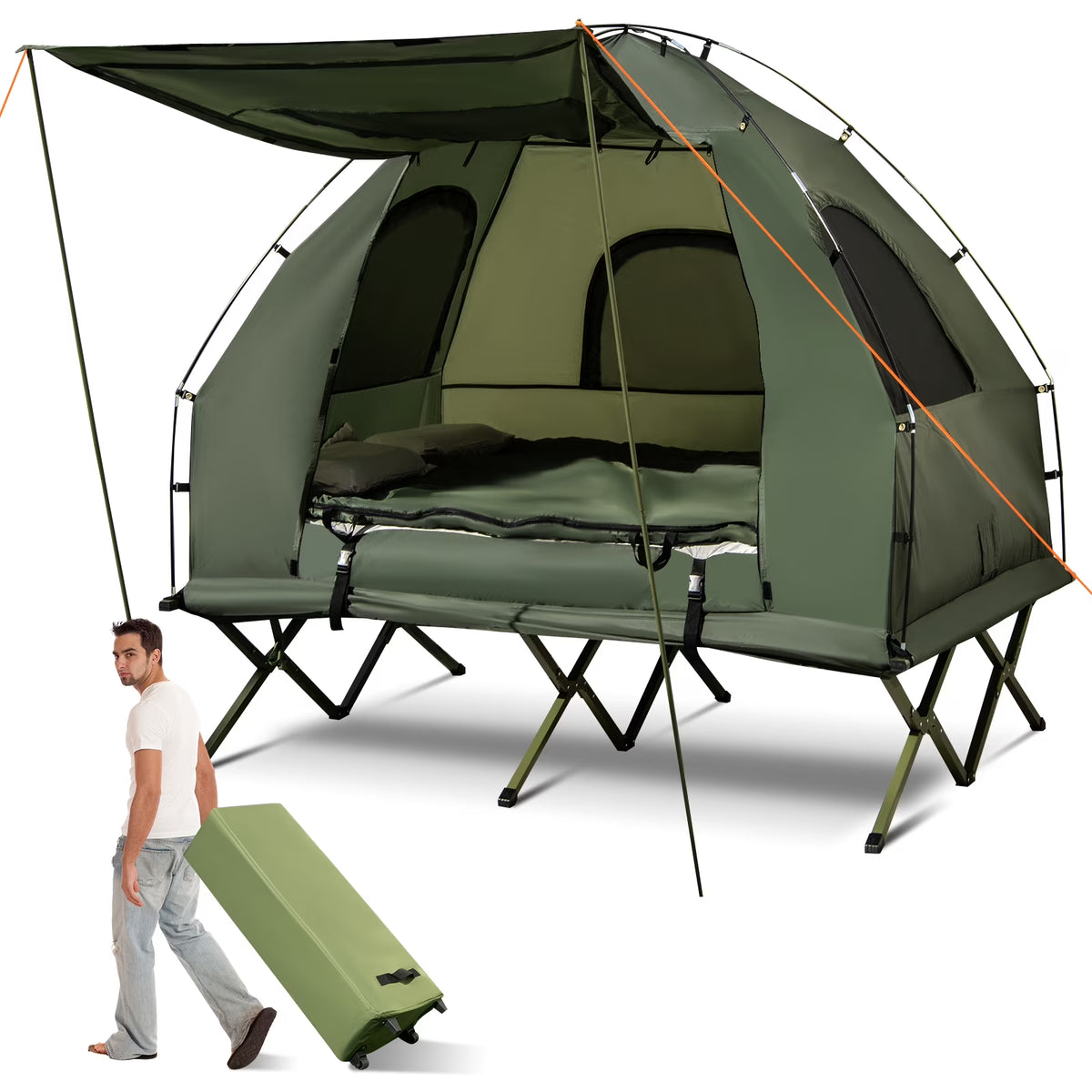 2026 NewPatiojoy Folding 2-Person Camping Tent Cot Portable Pop-Up Tent with Sleeping Bag&Air Mattress for Outdoor Activity