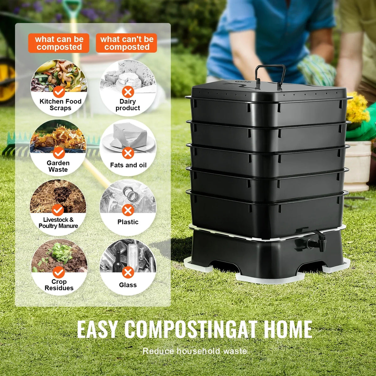2026 NewVEVOR 5-Tray Worm Composter, 50 L Worm Compost Bin Outdoor and Indoor, Sustainable Design Worm Farm Kit, for Recycling Food Waste, Worm Castings, Worm Tea, Vermiculture and Vermicomposting