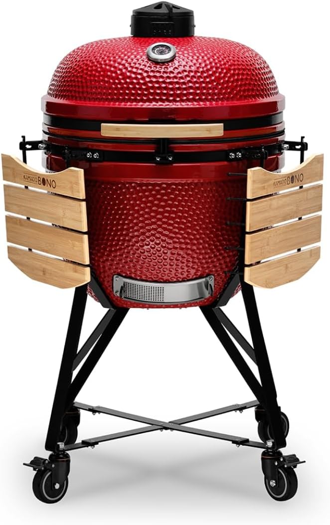2026 Kamado BONO BBQ - Barbacoa Grande XXL con 10 accesorios - Ø 64 cm Kamado Barbacoa con Accesorios - Parrilla ahumador rojo en la terraza, balcón o jardín