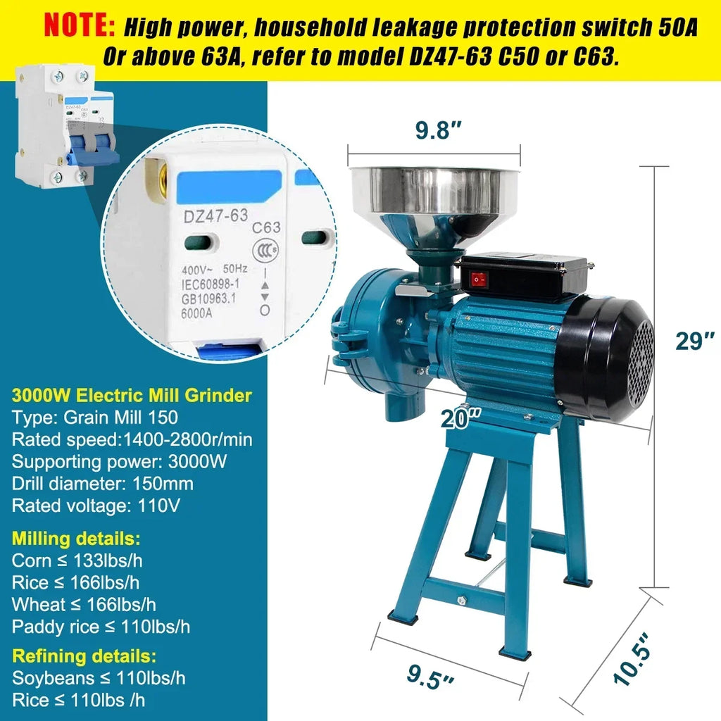 2026 NewNAIZEA 3000W Electric Grain Mill, 110V Corn Grinder, Heavy Duty Commercial Feed Mill, Wet Dry Cereals Grinder