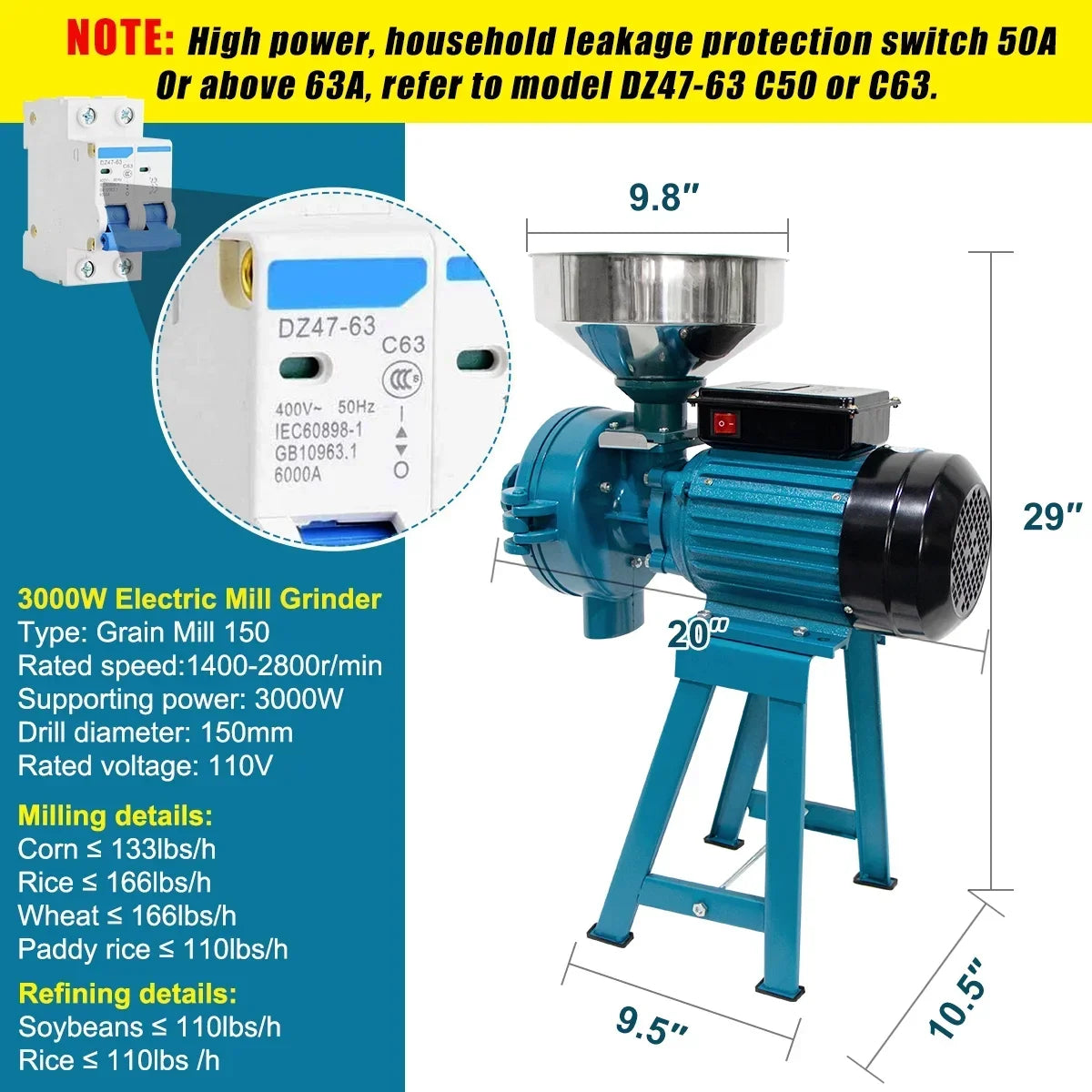 2026 NewNAIZEA 3000W Electric Grain Mill, 110V Corn Grinder, Heavy Duty Commercial Feed Mill, Wet Dry Cereals Grinder