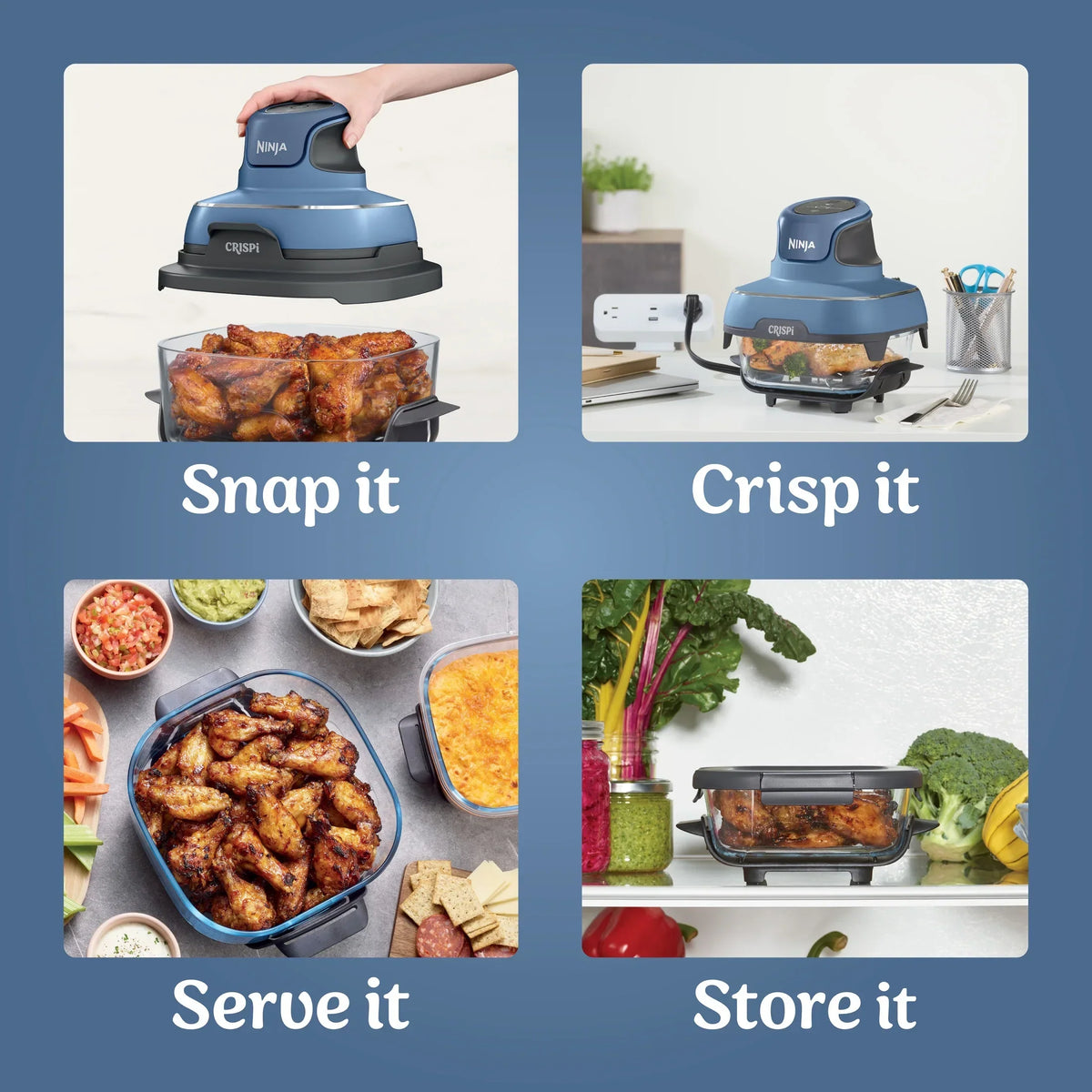 2026 NewNinja Crispi 3-in-1 Portable Glass Air Fryer Cooking System, 1500W, 4-Qt & 5-Cup TempWare Glass Containers with Storage Lids, Microwave, Freezer & Dishwasher Safe, White, FN100WH