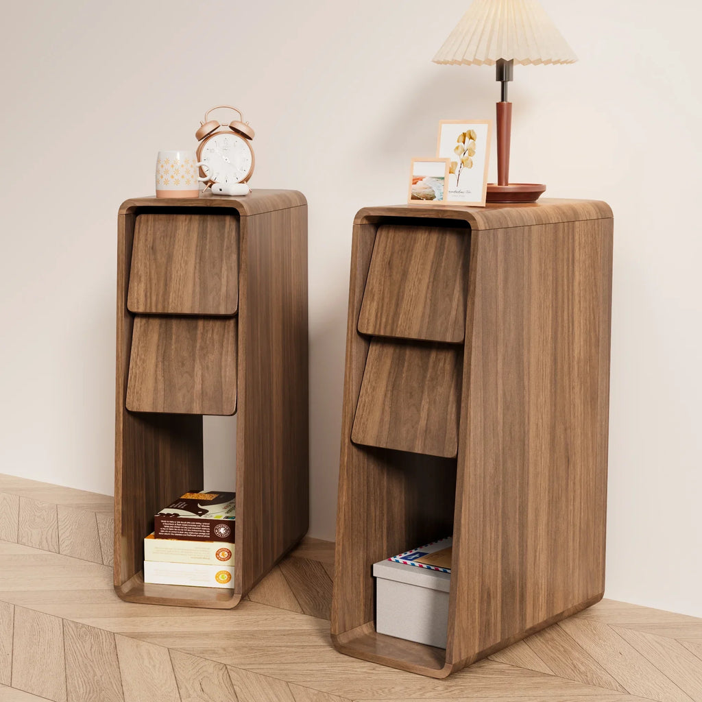 2026 NewNarrow Nightstand Set of 2 with Drawers, Fluted Slim Side End Table with Storage for Small Spaces