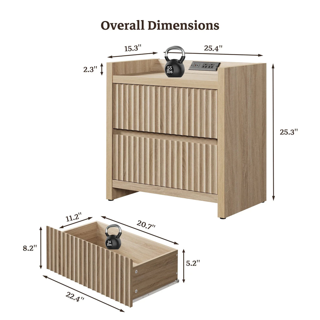 2026 NewSICOTAS 25.4" Wide Nightstand Set of 2 with Charging Station, Modern Night Stand with 2 Fluted Dresser & Handle-Less Storage Farmhouse Bed Side Table for Bedroom, Natural Oak