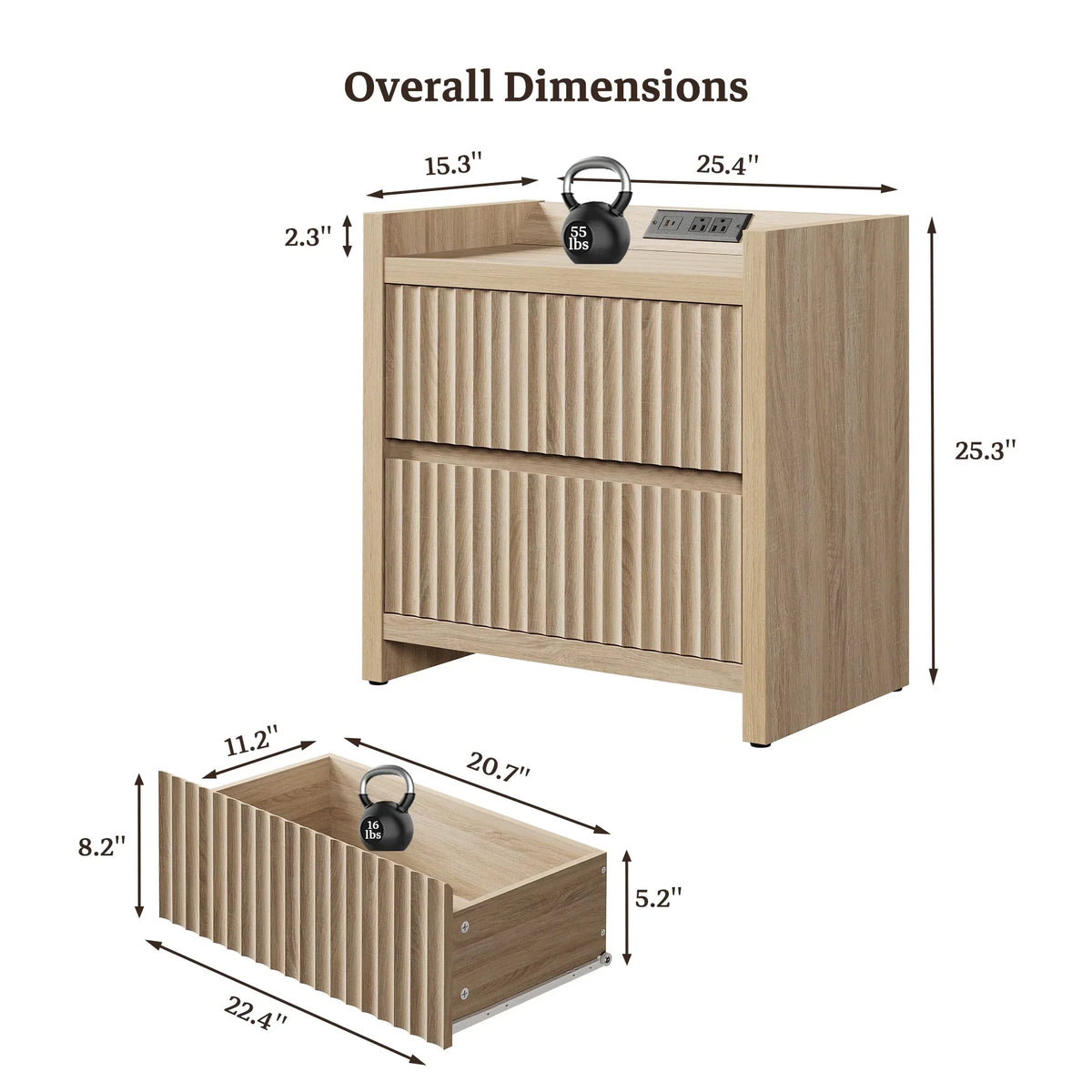 2026 NewSICOTAS 25.4" Wide Nightstand Set of 2 with Charging Station, Modern Night Stand with 2 Fluted Dresser & Handle-Less Storage Farmhouse Bed Side Table for Bedroom, Natural Oak