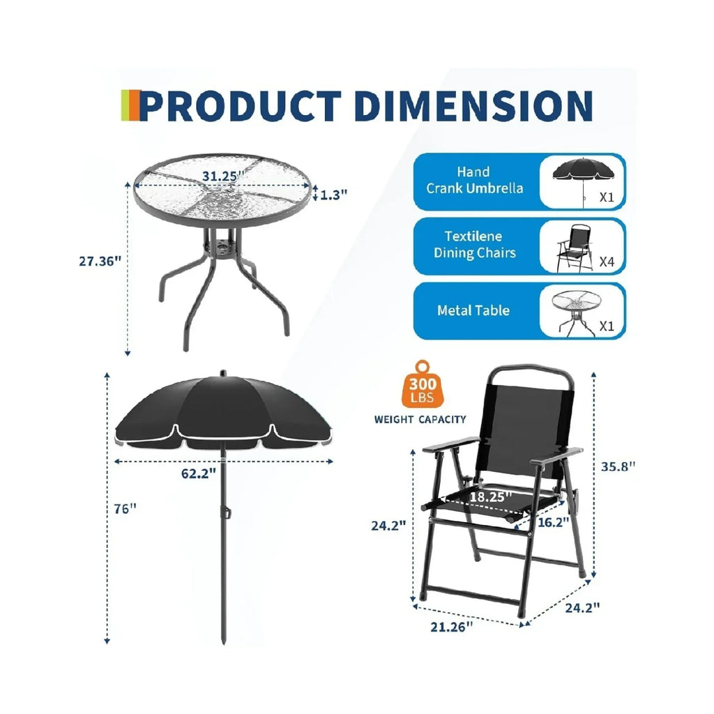 2026 New6 Pieces Outdoor Dining Set With Umbrella, Patio Table and 4 Folding Chairs With Umbrella, Garden Patio Furniture Set With Umbrellas, Tempered Glass Top Dining Table