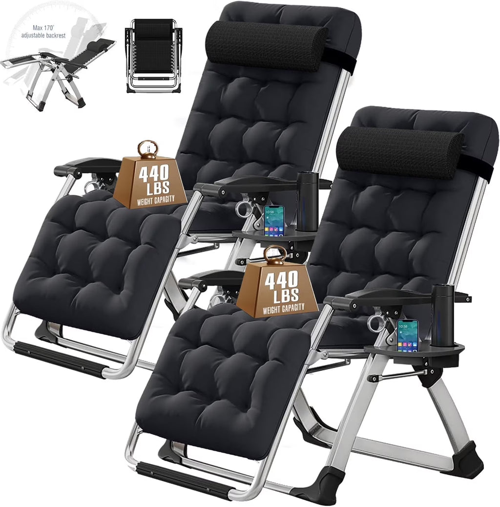 2026 NewNAIZEA 2 Pack Zero Gravity Chair, Foldable Portable Lawn Recliner with Cushion, Headrest, Cup Holder, Black