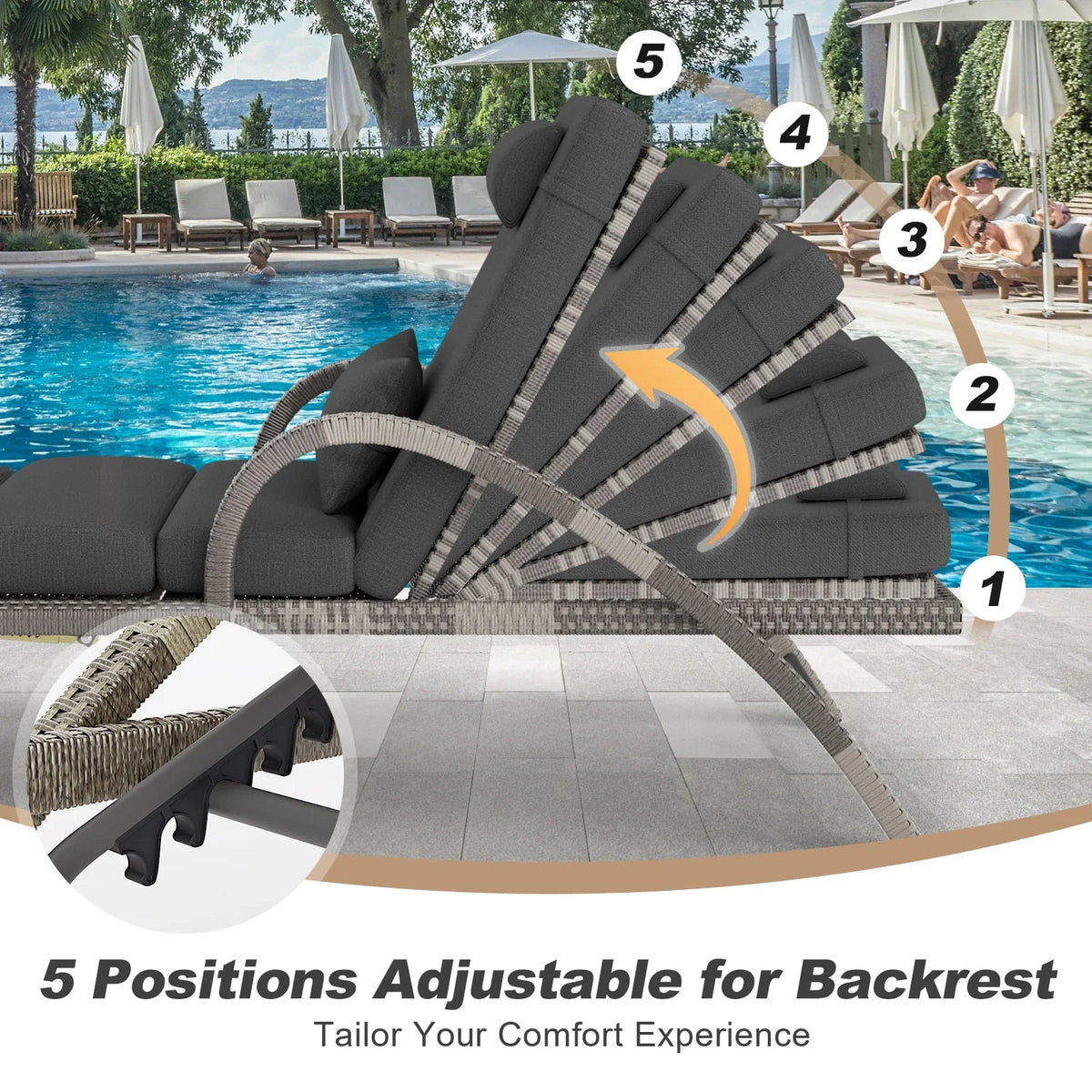 2026 NewMEISSALIVVE 4-Piece Outdoor Lounge Chairs, Pool Chairs with Adjustable 5 Position Backrest, PE Rattan Chaise for Backyard Porch Deck (Gray)