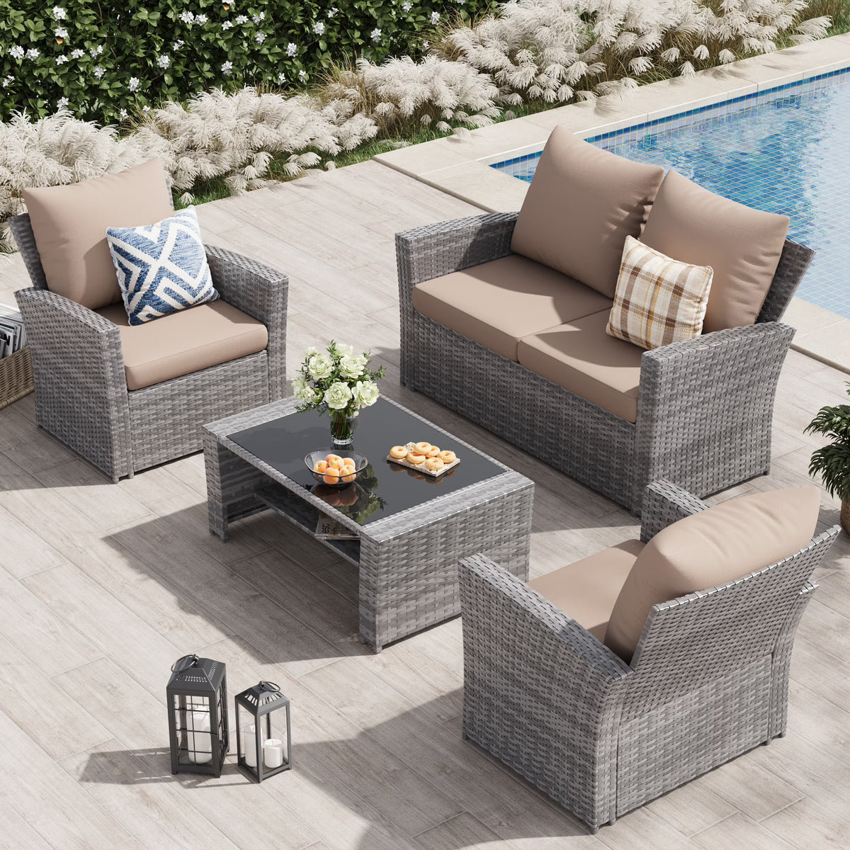 2026 NewUDPATIO Wicker Patio Furniture Set, 4 Piece Outdoor Sectional Conversation Sets, Gray PE Rattan Patio Sofa Set for Balcony, Porch, Backyard, Grey