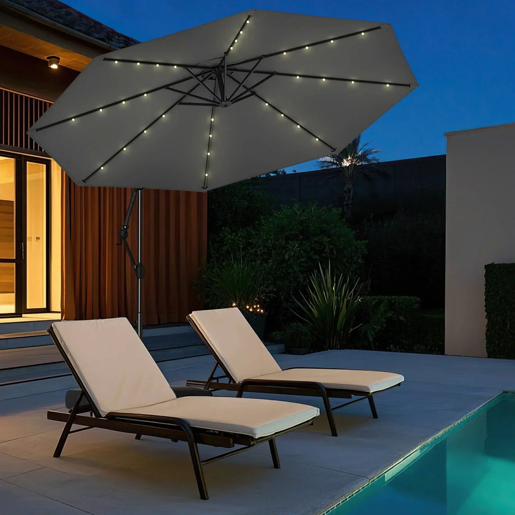 2026 NewCostway 10 FT Solar Offset Hanging Umbrella Patio Cantilever Umbrella with 32 LED Lights Brown