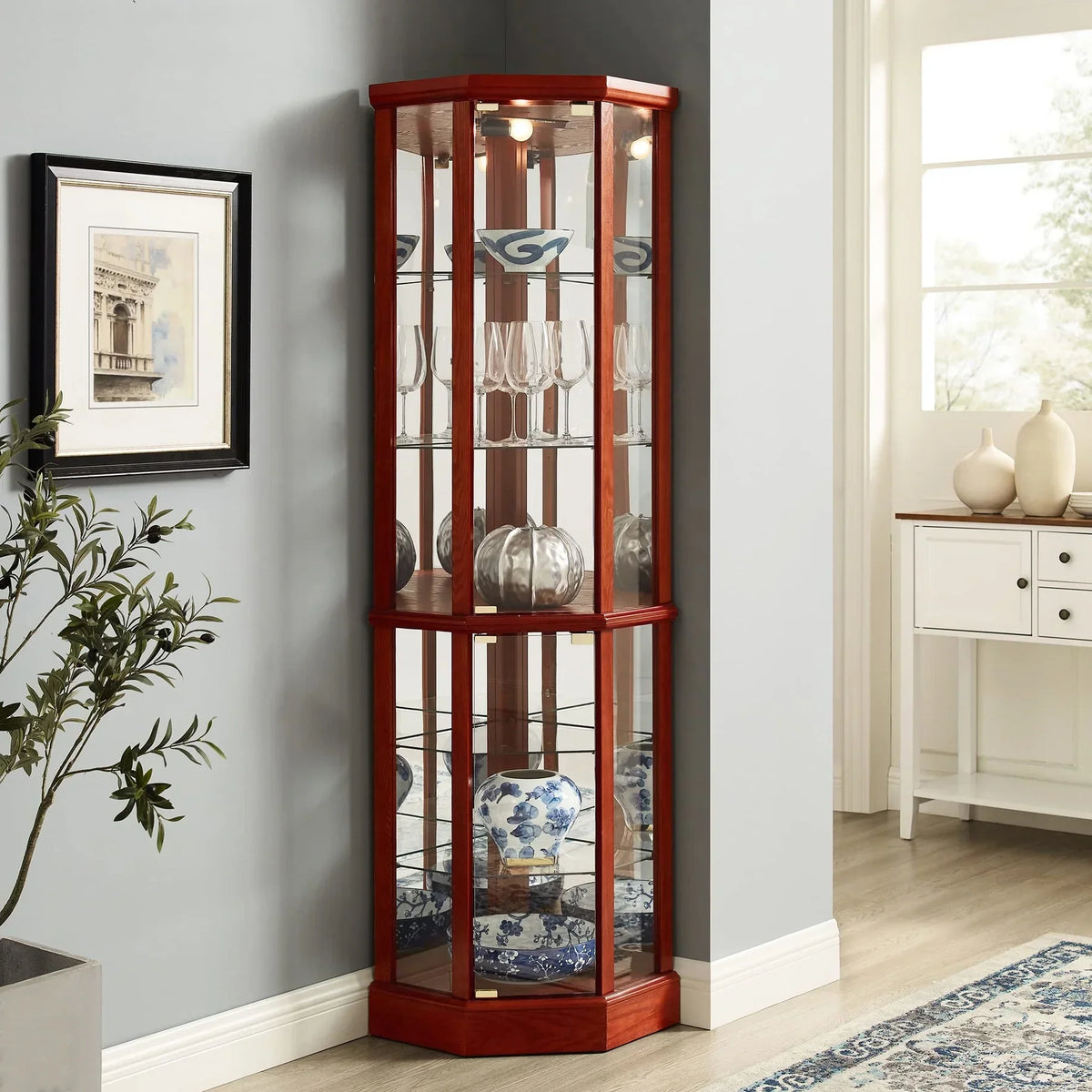 2026 NewWalnut Cabinet With 6 Shelves, Adjustable Glass & Mirrored Back Design Shelf Lighted Corner Curio Shelves In