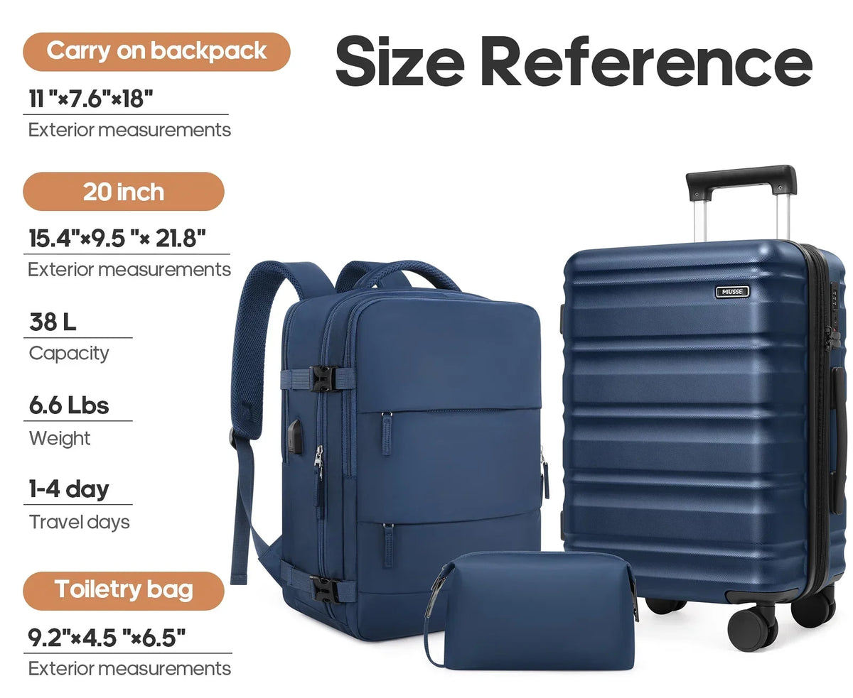 2026 NewMIUSSE Luggage Sets 3 Piece, 20 Inch Carry On Luggage with Wheels, 100% PC Hardshell Suitcase with TSA Lock, Carry On Suitcases Airline Approved With Travel Backpack for Men Women