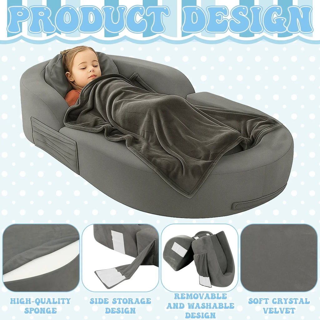 2026 NewCoumy Toddler Travel Bed 2-in-1 Kids Sofa Chair with Removable Cover, Soft Foam Portable Foldable Toddler Bed for Travel with Carrying Bag, Blue
