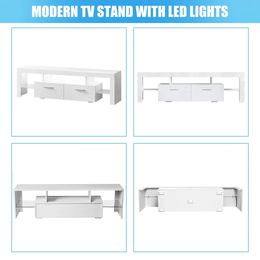 2026 NewPAPROOS TV Stand for TVs up to 70", High Gloss TV Cabinet with LED Light, Modern TV Console Table with Storage Drawers, Media Television Stand Entertainment Center, White