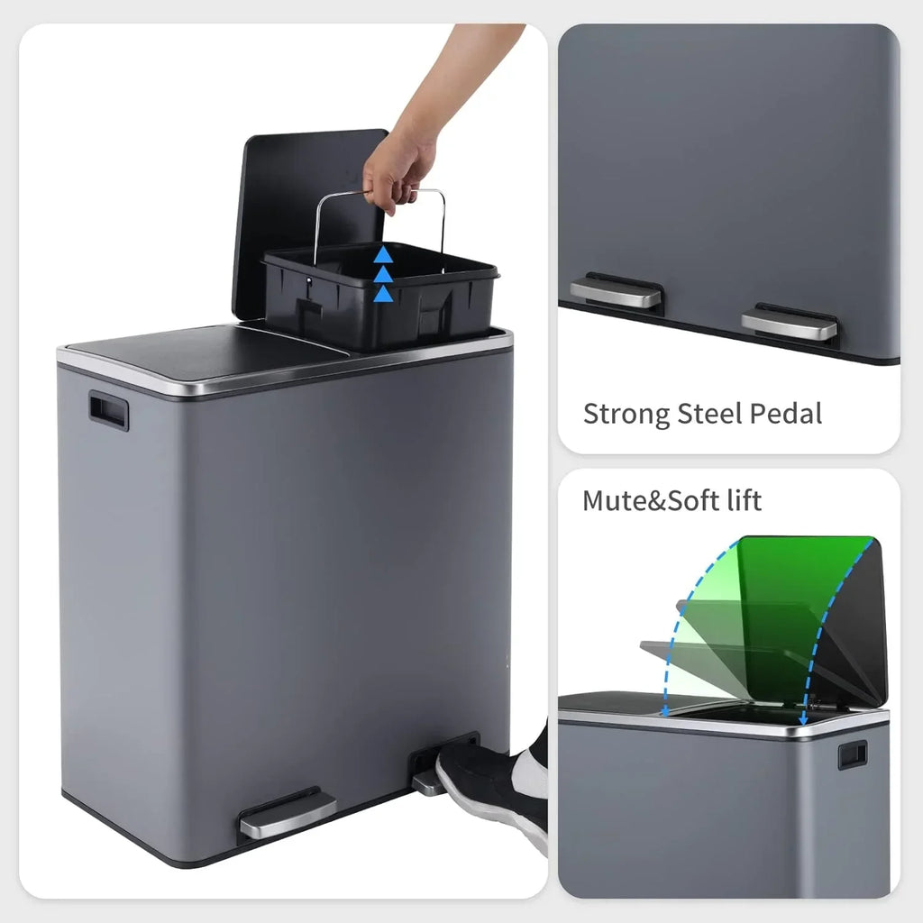 2026 NewArlopu 60 L/16 gal Dual Trash Can, Stainless Steel Garbage Can for Kitchen, Recycle Bin with Lid