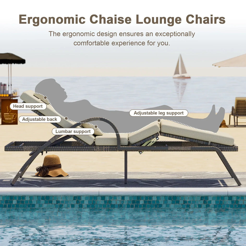 2026 NewMEISSALIVVE 4-Piece Outdoor Lounge Chairs, Pool Chairs with Adjustable 5 Position Backrest, PE Rattan Chaise for Backyard Porch Deck (Gray)