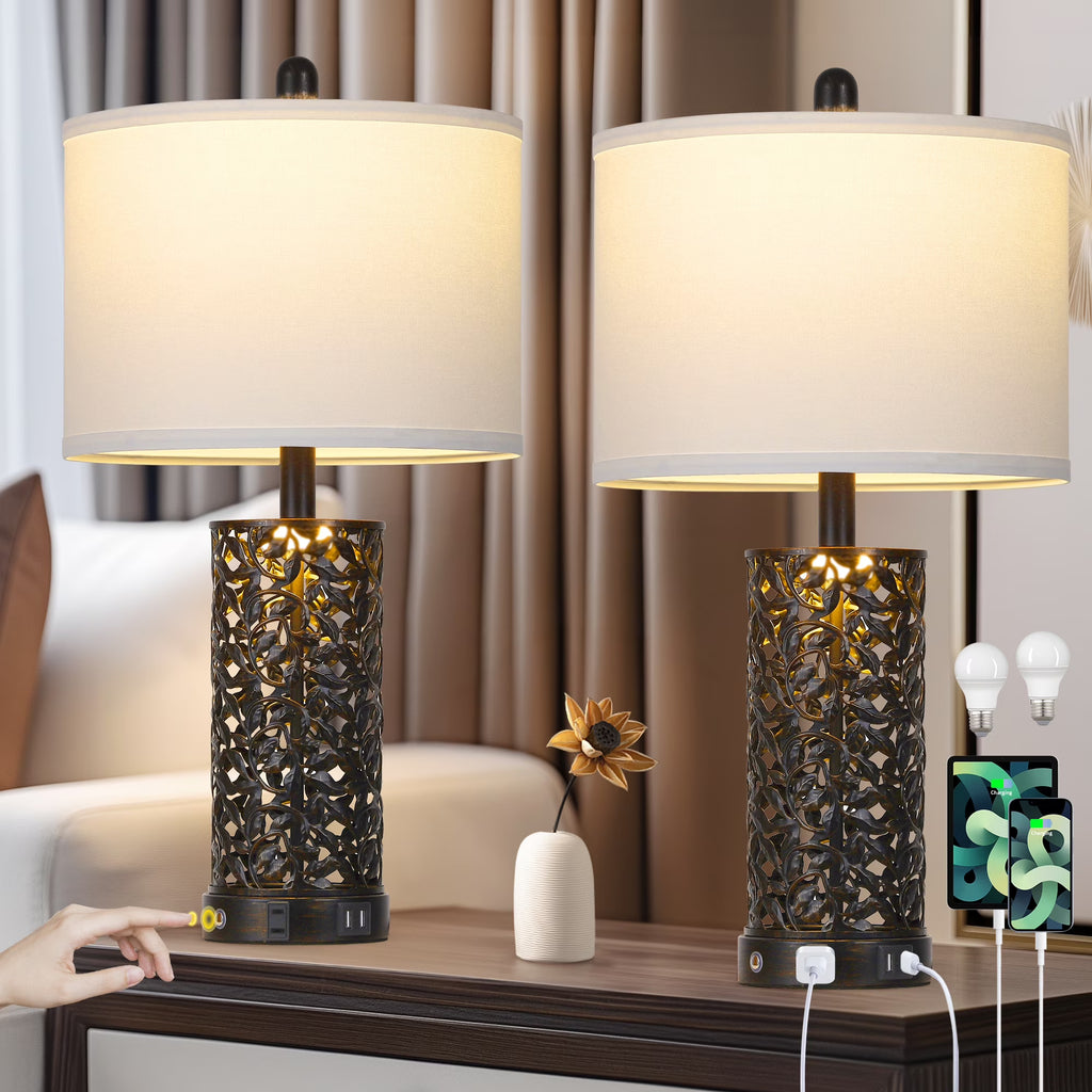 2026 NewCinkeda Table Lamp Set of 2 for Living Room Bedroom with USB Ports AC Outlet 3 Way Dimmable Touch Nightlight Farmhouse White Floral Nightstand Bedside Lamps