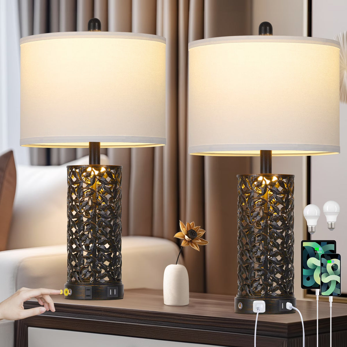 2026 NewCinkeda Table Lamp Set of 2 for Living Room Bedroom with USB Ports AC Outlet 3 Way Dimmable Touch Nightlight Farmhouse White Floral Nightstand Bedside Lamps