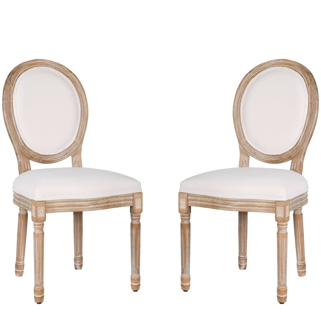 2026 NewFrench Dining Chairs Set of 2 Beige Natural Fabric Round Back with Solid Wood Legs and Frame for Bedroom Dining Room Kitchen