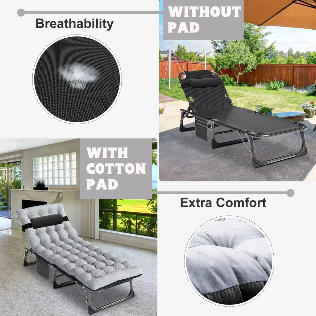 2026 NewMOPHOTO Lounge Chair with Mattress, Outdoor Chaise Lounge Support 440 Lbs, Adjustable Portable Heavy Duty Sleeping Cots Bed for Camping, Pool, Beach, Patio