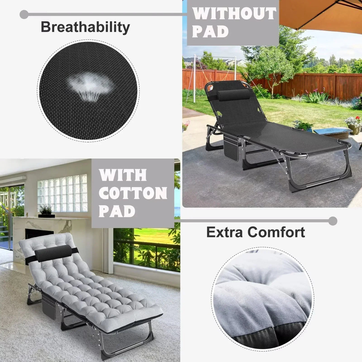 2026 NewMOPHOTO Lounge Chair with Mattress, Outdoor Chaise Lounge Support 440 Lbs, Adjustable Portable Heavy Duty Sleeping Cots Bed for Camping, Pool, Beach, Patio