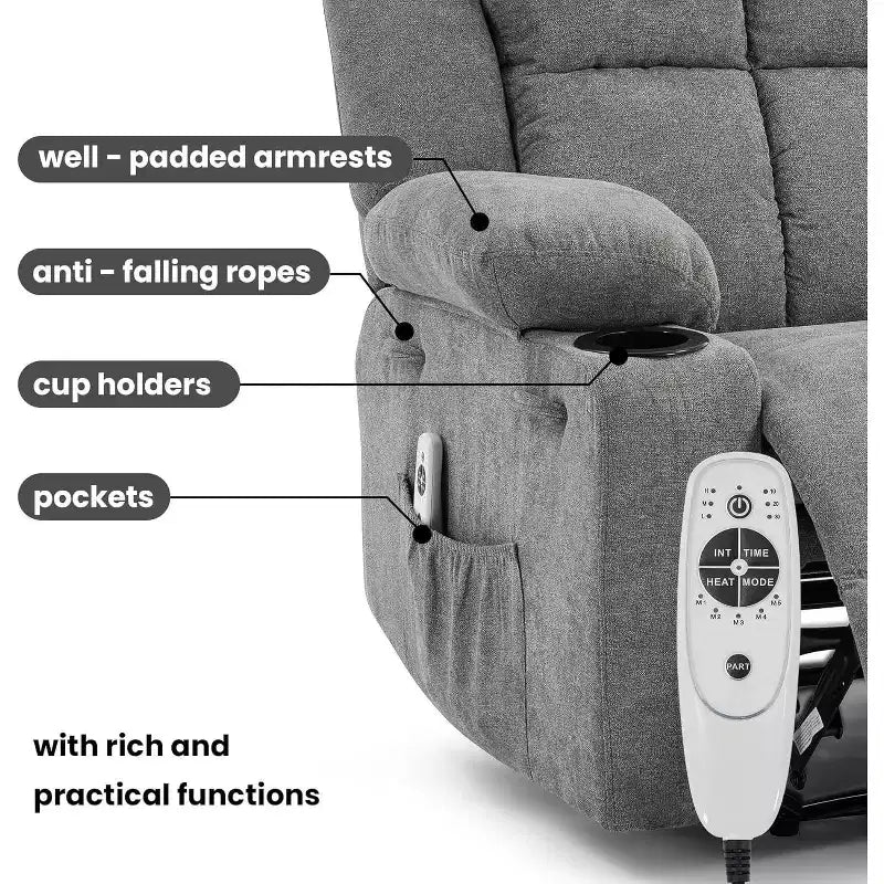 2026 Sillón reclinable manual con masaje por vibración y calefacción lumbar, bolsillo lateral y portavasos