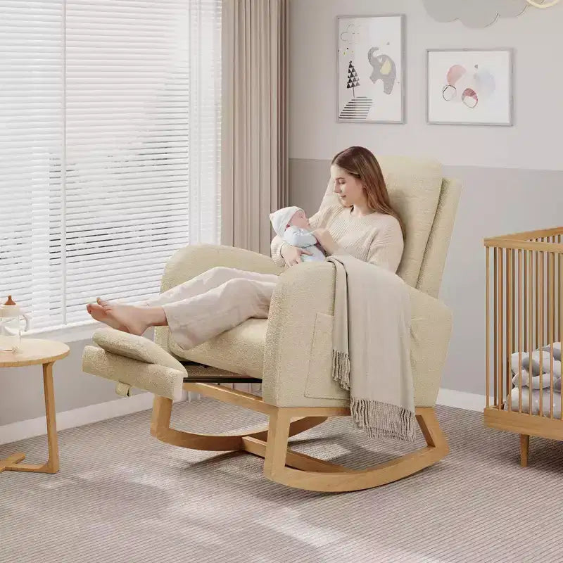 2026 Sillón mecedora deslizante tapizado con bolsillo lateral, estructura de madera, 1 plaza