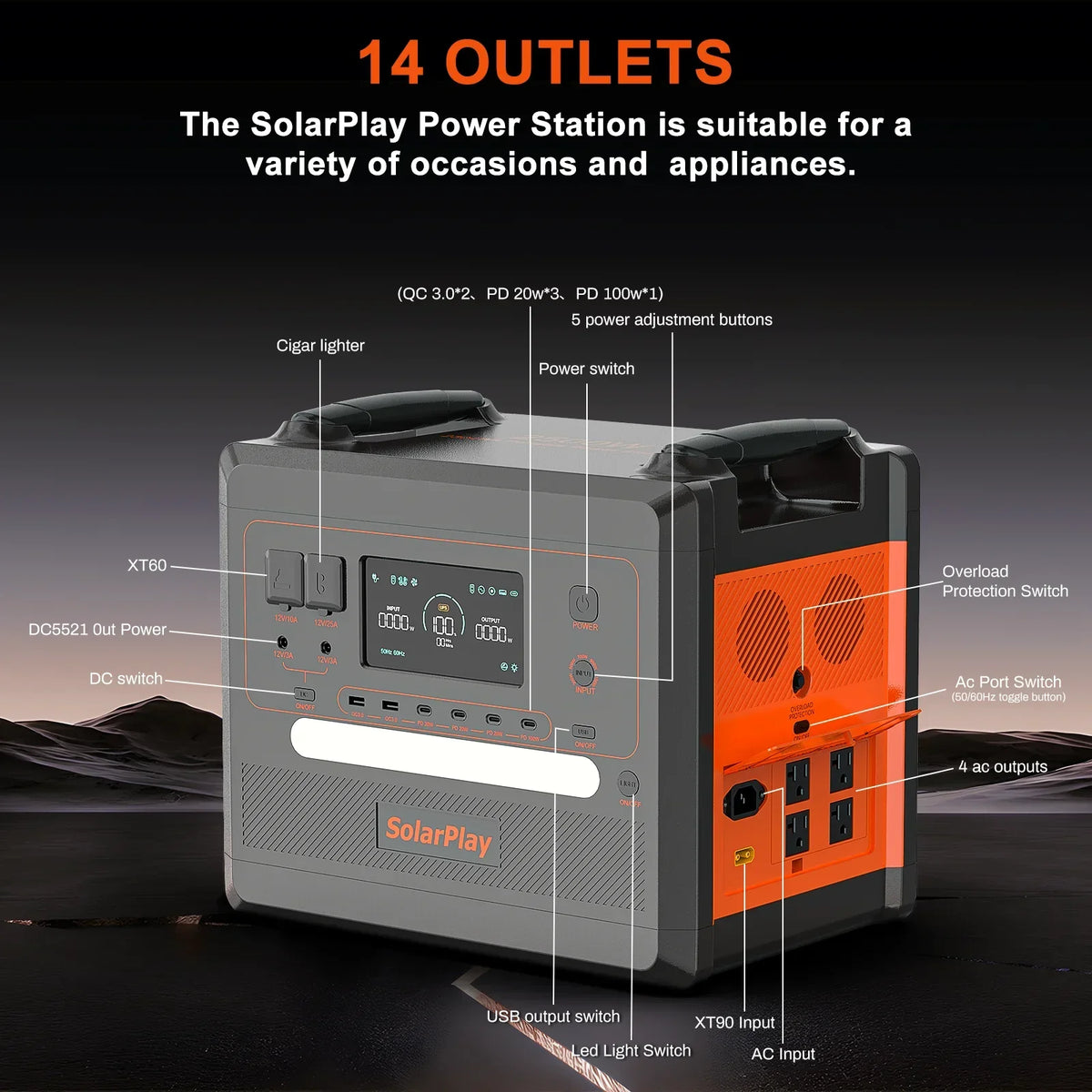 2026 NewSolarplay 2400W(4800W Peak) Solar Generator, with 400W Solar Panel,2160Wh Portable LiFePO4 Battery Power Station for Camping Home Backup RV