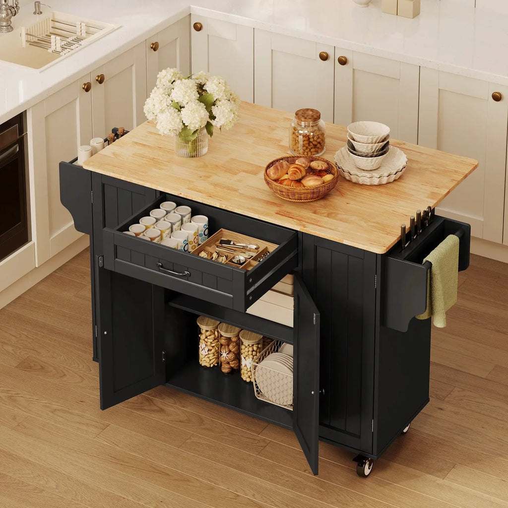 2026 NewNoelse Kitchen Island with Storage, Island Table for Kitchen with Drop Leaf, Spice Rack, Towel Bar for Small Kitchens, White