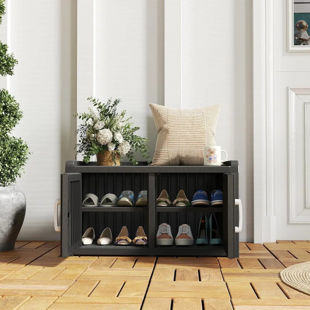 2026 NewKAMABOKO Outdoor Shoe Storage Cabinet, Waterproof UV-Resistant Entryway Storage Bench Indoor Outdoor with 2 Barn Doors, Adjustable Shelves for Entryway, Bedroom, Hallway,Living Room(Black)